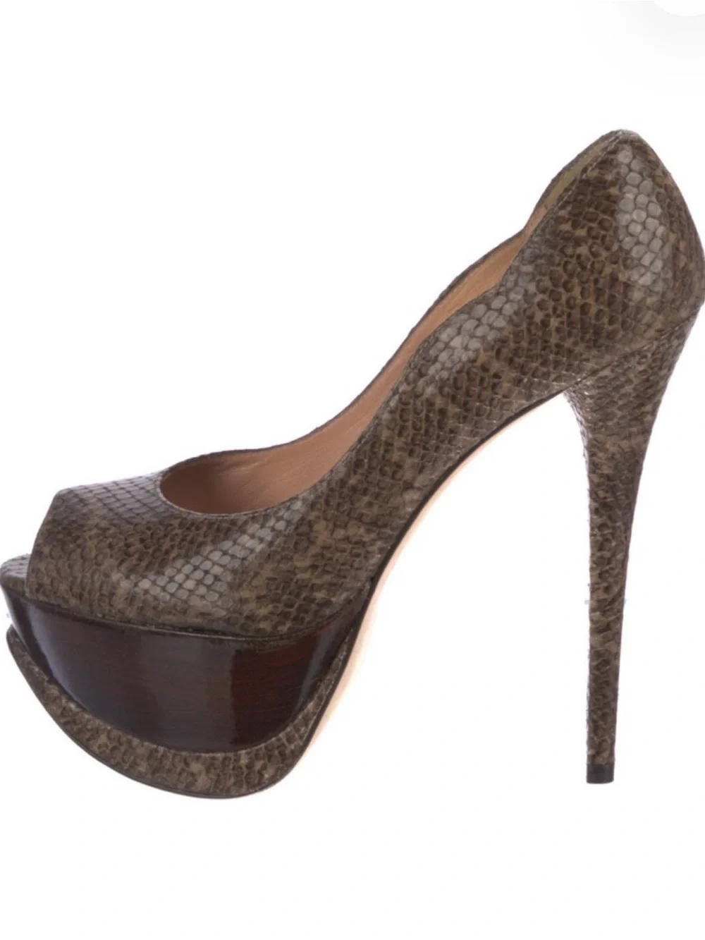 Stuart Weitzman Brown Snakeskin Peep-Toe Platform Pump with Wood Platform